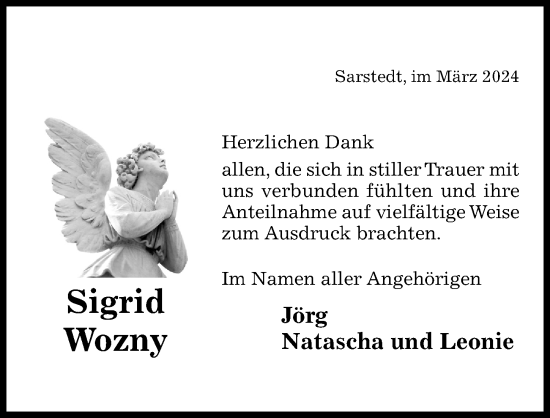 Traueranzeige von Sigrid Wozny von Hildesheimer Allgemeine Zeitung