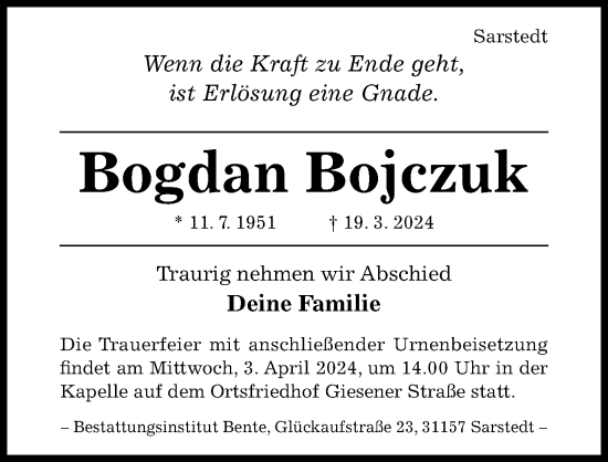 Traueranzeige von Sogclan Bojczuk von Hildesheimer Allgemeine Zeitung