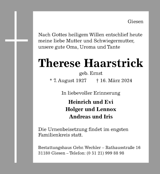 Traueranzeige von Therese Haarstrick von Hildesheimer Allgemeine Zeitung