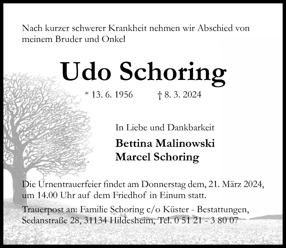  Traueranzeige für Udo Schoring vom 16.03.2024 aus Hildesheimer Allgemeine Zeitung