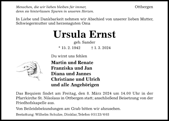 Traueranzeige von Ursula Ernst von Hildesheimer Allgemeine Zeitung