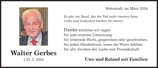 Traueranzeige von Walter Gerbes von Hildesheimer Allgemeine Zeitung