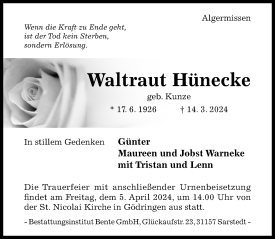 Traueranzeige von Waltraut Hünecke von Hildesheimer Allgemeine Zeitung