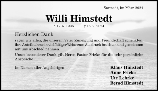 Traueranzeige von Willi Himstedt von Hildesheimer Allgemeine Zeitung