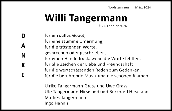 Traueranzeige von Willi Tangermann von Hildesheimer Allgemeine Zeitung