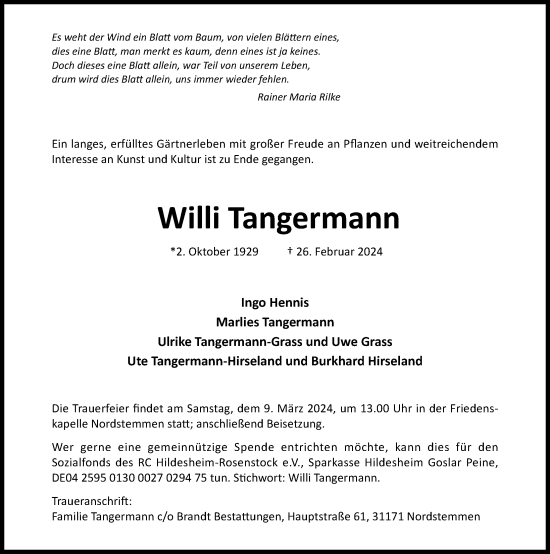 Traueranzeige von Willi Tangermann von Hildesheimer Allgemeine Zeitung