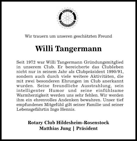 Traueranzeige von Willi Tangermann von Hildesheimer Allgemeine Zeitung