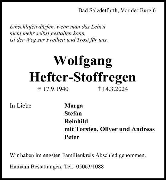 Traueranzeige von Wolfgang Hefter-Stoffregen von Hildesheimer Allgemeine Zeitung