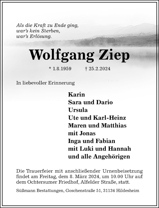 Traueranzeige von Wolfgang Ziep von Hildesheimer Allgemeine Zeitung