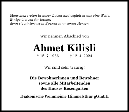Traueranzeige von Ahmet Kilisli von Hildesheimer Allgemeine Zeitung