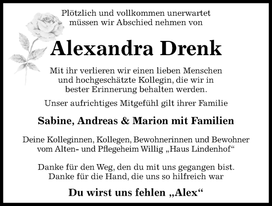 Traueranzeige von Alexandra Drenk von Hildesheimer Allgemeine Zeitung