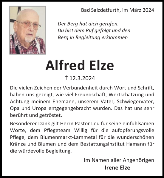 Traueranzeige von Alfred Elze von Hildesheimer Allgemeine Zeitung