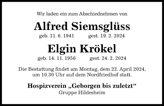 Traueranzeige von Alfred Siemsglüss von Hildesheimer Allgemeine Zeitung
