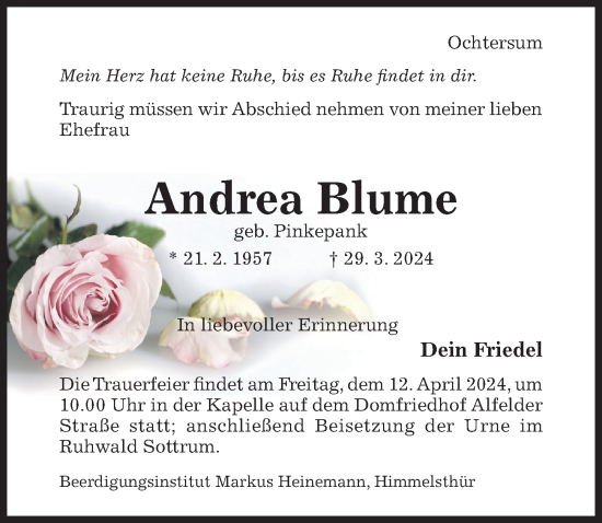 Traueranzeige von Andrea Blume von Hildesheimer Allgemeine Zeitung