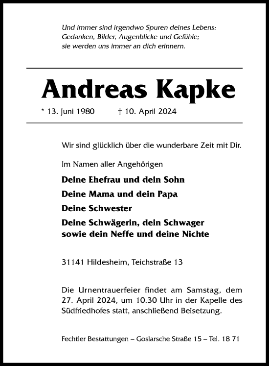 Traueranzeige von Andreas Kapke von Hildesheimer Allgemeine Zeitung