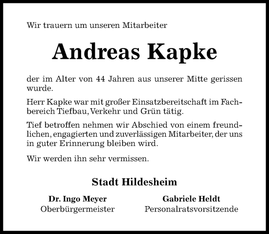 Traueranzeige von Andreas Kapke von Hildesheimer Allgemeine Zeitung