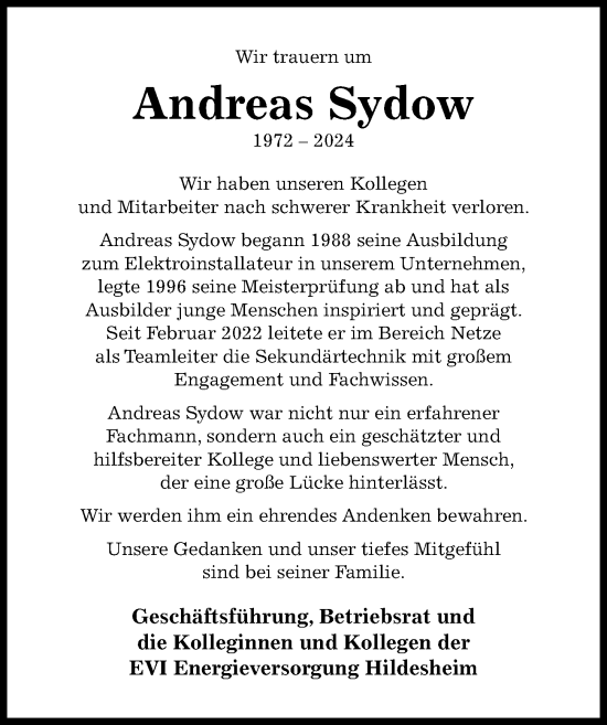 Traueranzeige von Andreas Sydow von Hildesheimer Allgemeine Zeitung