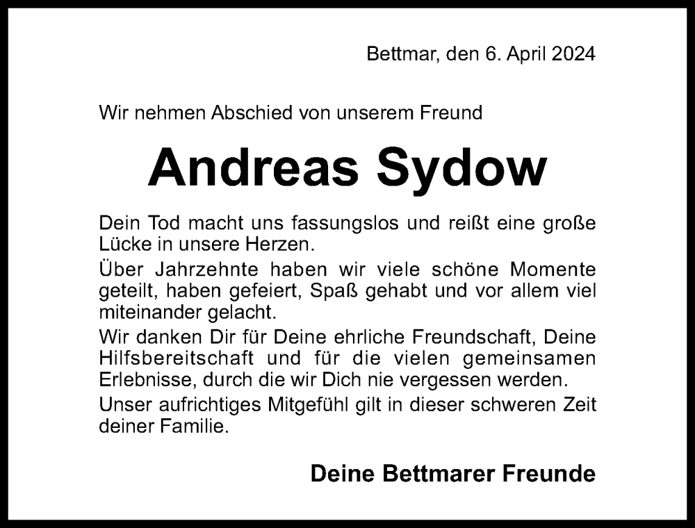  Traueranzeige für Andreas Sydow vom 06.04.2024 aus Hildesheimer Allgemeine Zeitung