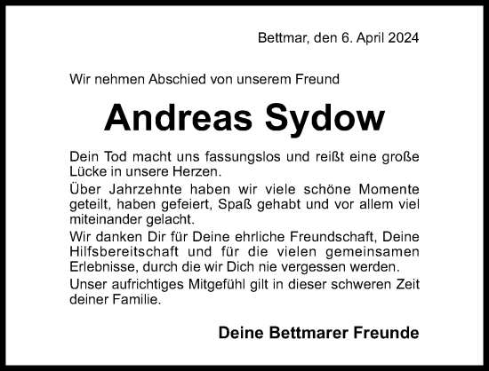 Traueranzeige von Andreas Sydow von Hildesheimer Allgemeine Zeitung