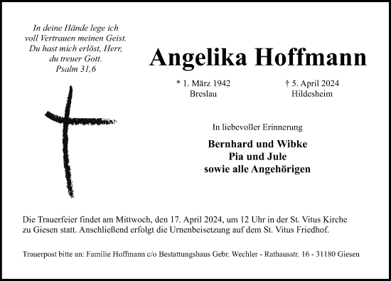 Traueranzeige von Angelika Hoffmann von Hildesheimer Allgemeine Zeitung