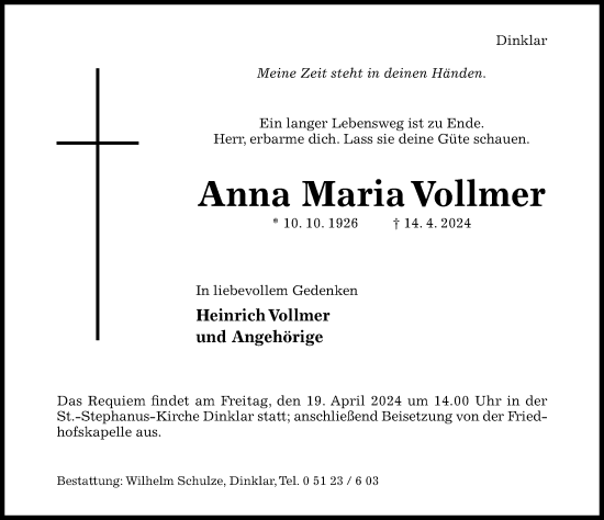 Traueranzeige von Anna Maria Vollmer von Hildesheimer Allgemeine Zeitung