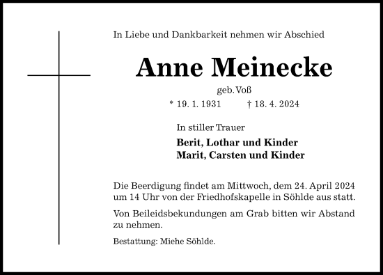 Traueranzeige von Anne Meinecke von Hildesheimer Allgemeine Zeitung