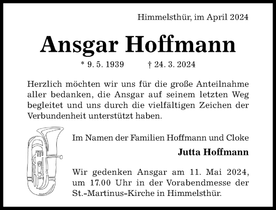 Traueranzeige von Ansgar Hoffmann von Hildesheimer Allgemeine Zeitung
