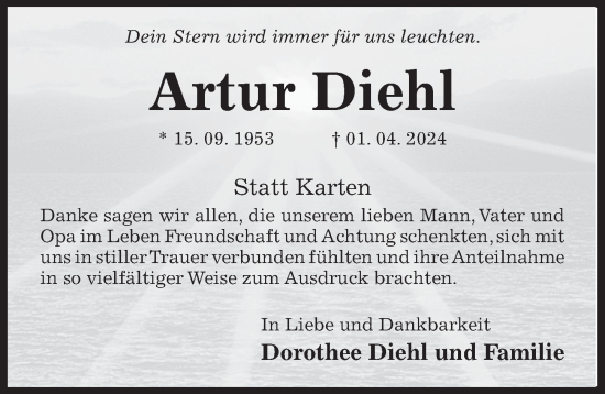 Traueranzeige von Artur Diehl von Hildesheimer Allgemeine Zeitung