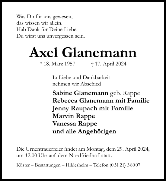 Traueranzeige von Axel Glanemann von Hildesheimer Allgemeine Zeitung