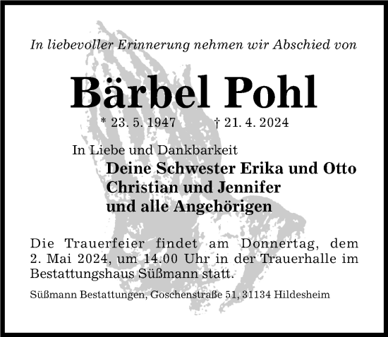Traueranzeige von Bärbel Pohl von Hildesheimer Allgemeine Zeitung