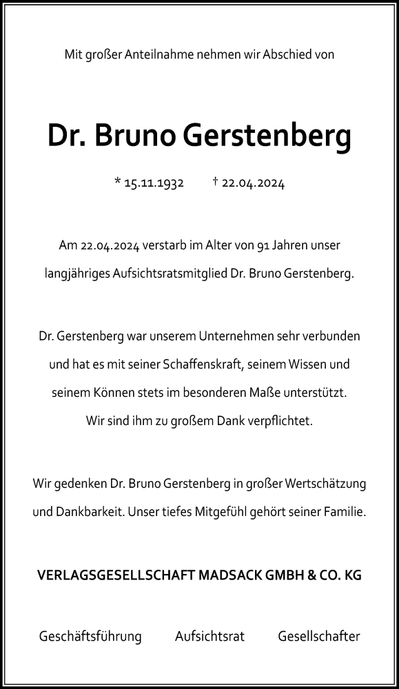  Traueranzeige für Bruno Gerstenberg vom 27.04.2024 aus Hildesheimer Allgemeine Zeitung