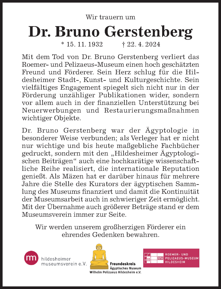  Traueranzeige für Bruno Gerstenberg vom 27.04.2024 aus Hildesheimer Allgemeine Zeitung