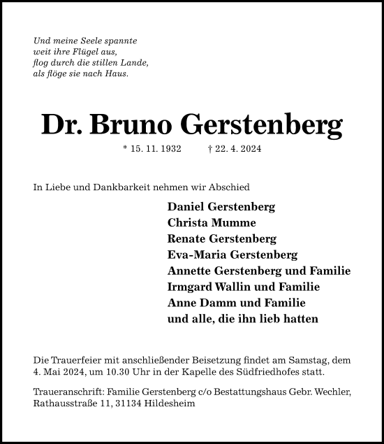 Traueranzeige von Bruno Gerstenberg von Hildesheimer Allgemeine Zeitung