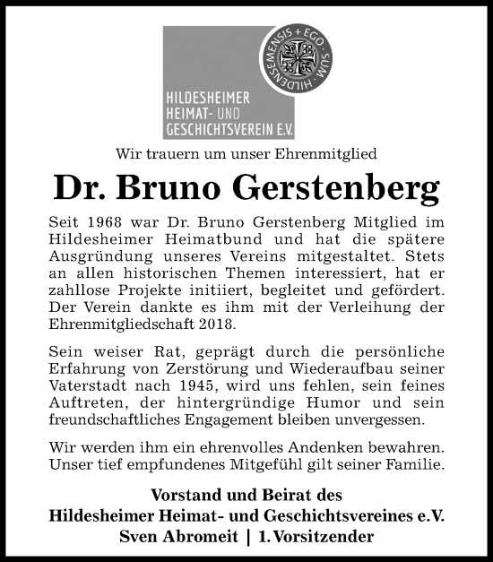 Traueranzeige von Bruno Gerstenberg von Hildesheimer Allgemeine Zeitung