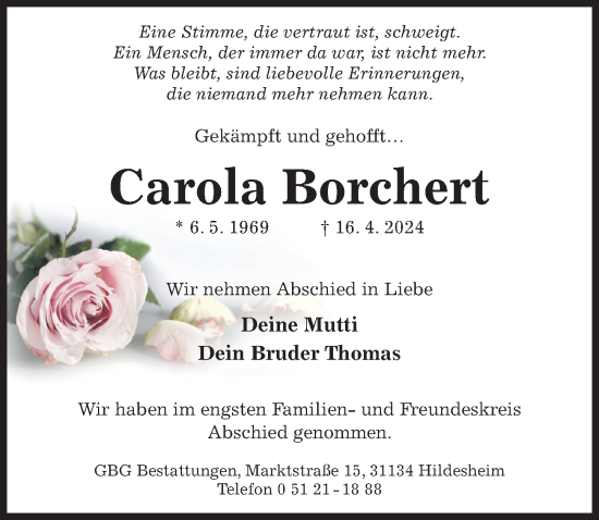 Traueranzeige von Carola Borchert von Hildesheimer Allgemeine Zeitung