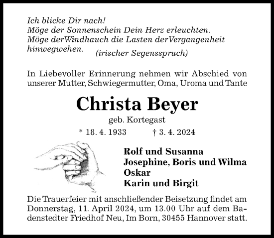Traueranzeige von Christa Beyer von Hildesheimer Allgemeine Zeitung