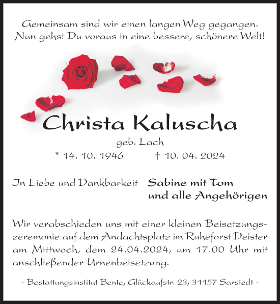 Traueranzeige von Christa Kaluscha von Hildesheimer Allgemeine Zeitung