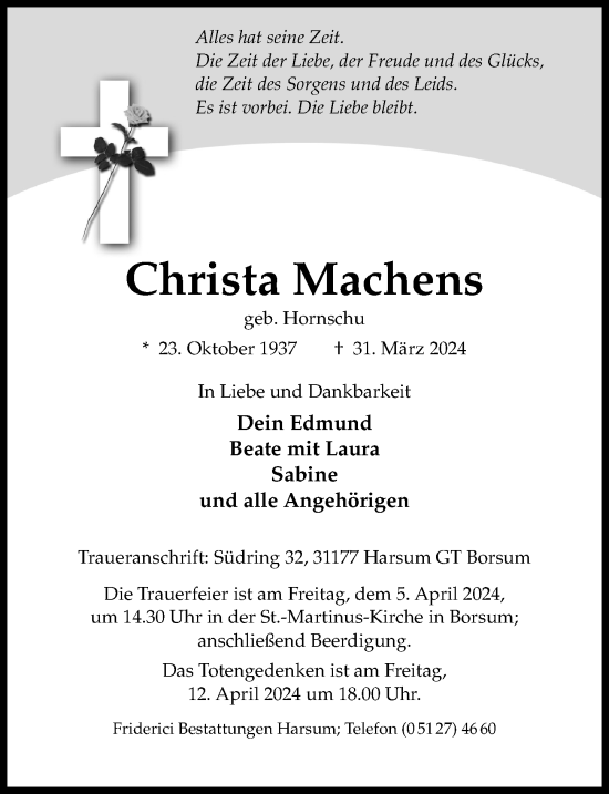 Traueranzeige von Christa Machens von Hildesheimer Allgemeine Zeitung