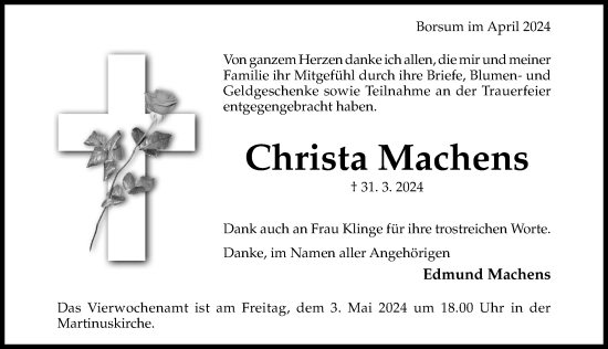 Traueranzeige von Christa Machens von Hildesheimer Allgemeine Zeitung