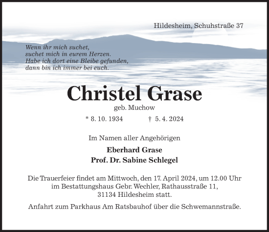 Traueranzeige von Christel Grase von Hildesheimer Allgemeine Zeitung