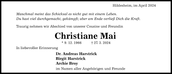 Traueranzeige von Christiane Mai von Hildesheimer Allgemeine Zeitung