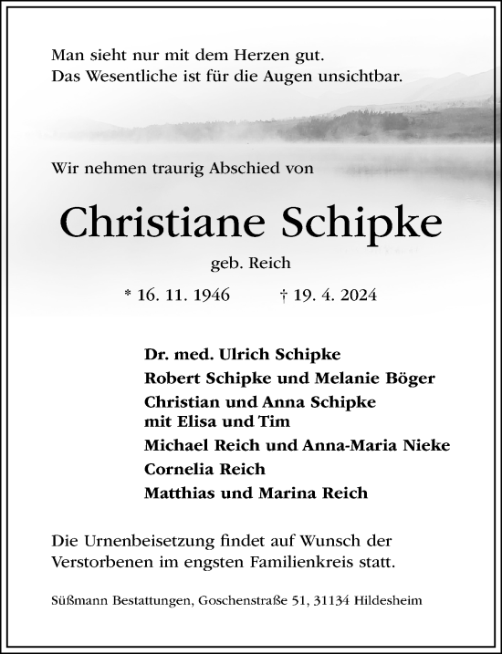 Traueranzeige von Christiane Schipke von Hildesheimer Allgemeine Zeitung