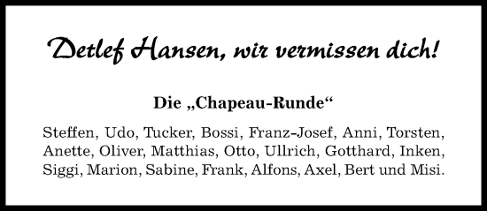 Traueranzeige von Detlef Hansen von Hildesheimer Allgemeine Zeitung