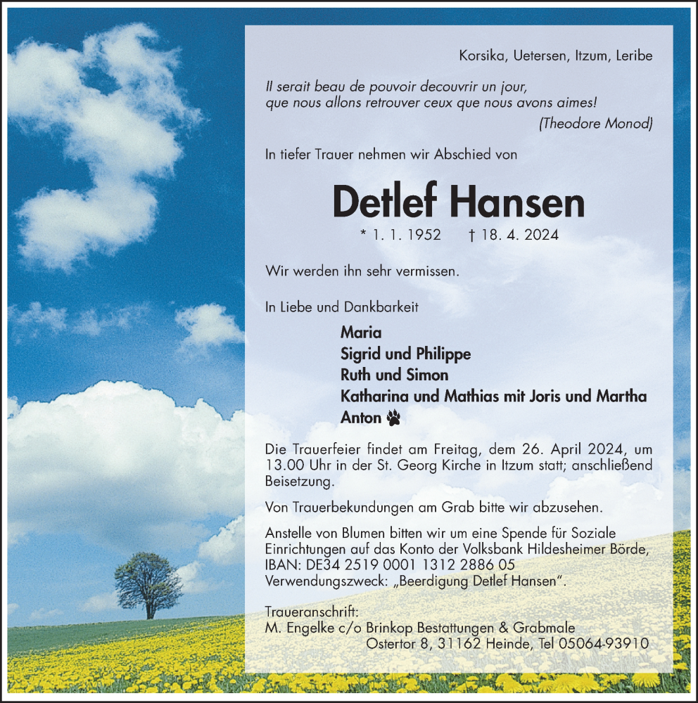  Traueranzeige für Detlef Hansen vom 24.04.2024 aus Hildesheimer Allgemeine Zeitung