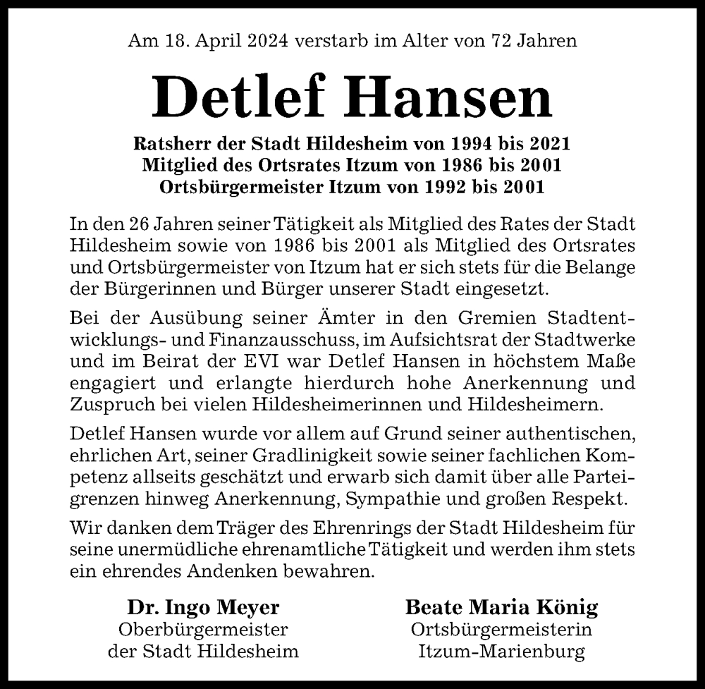  Traueranzeige für Detlef Hansen vom 24.04.2024 aus Hildesheimer Allgemeine Zeitung