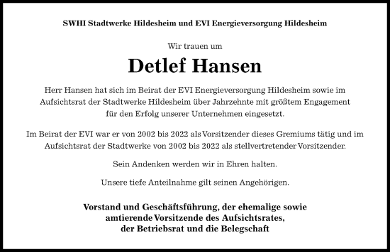 Traueranzeige von Detlef Hansen von Hildesheimer Allgemeine Zeitung