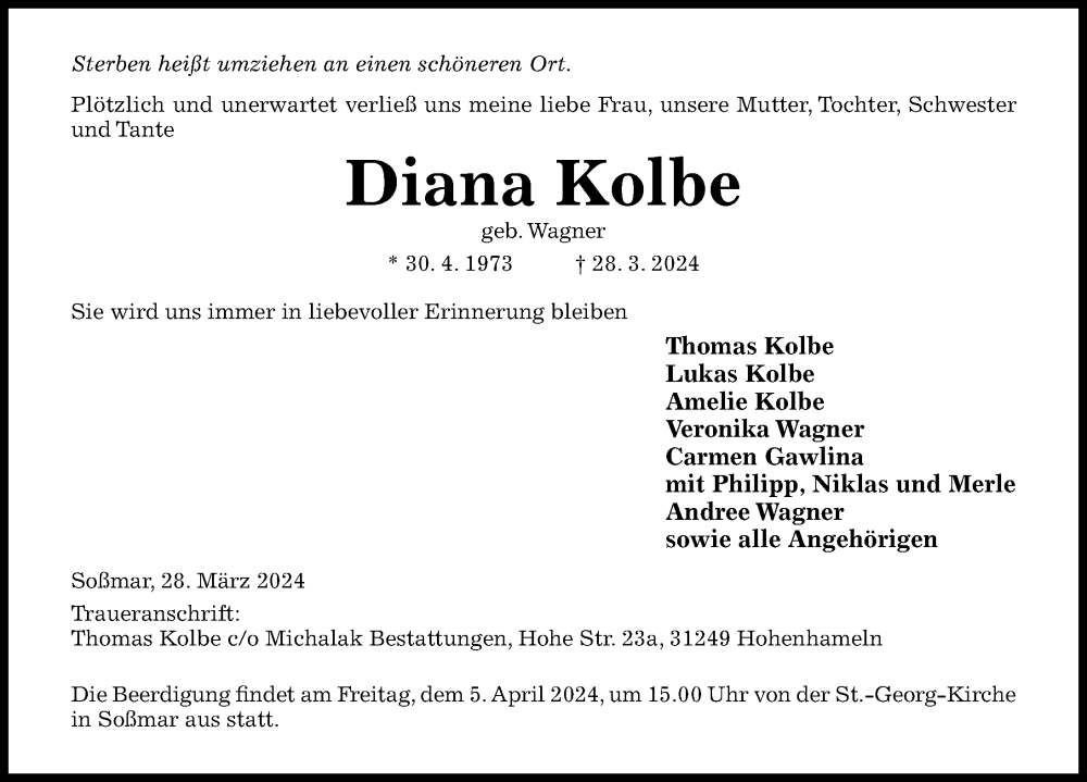  Traueranzeige für Diana Kolbe vom 03.04.2024 aus Hildesheimer Allgemeine Zeitung