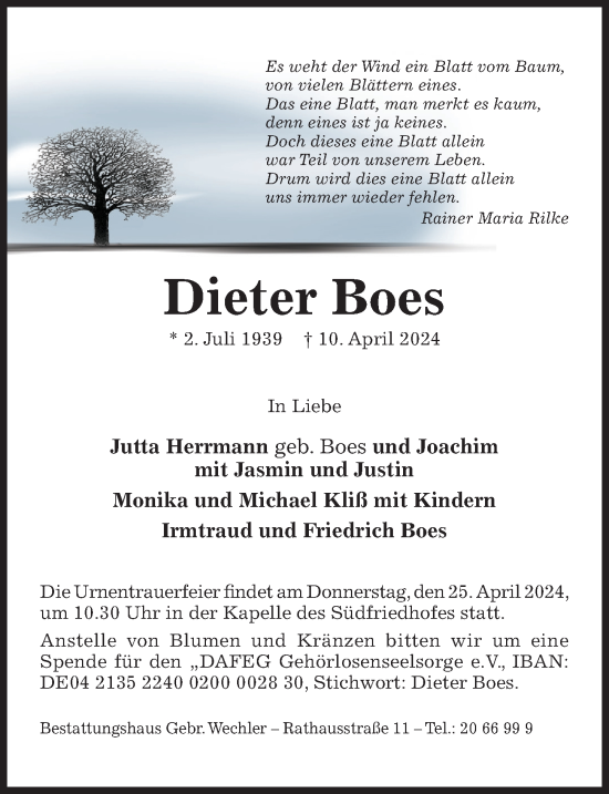 Traueranzeige von Dieter Boes von Hildesheimer Allgemeine Zeitung