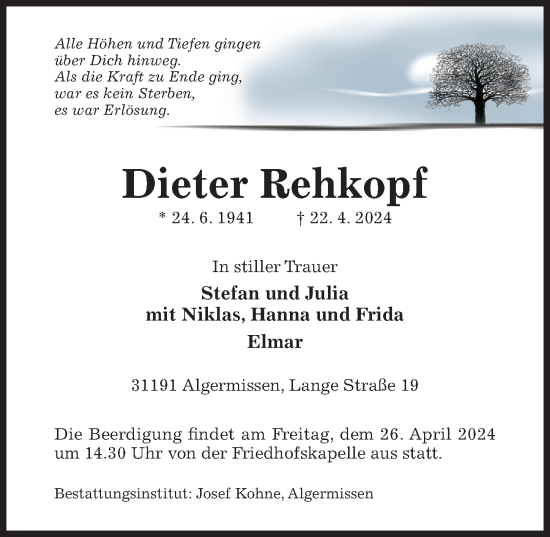 Traueranzeige von Dieter Rehkopf von Hildesheimer Allgemeine Zeitung
