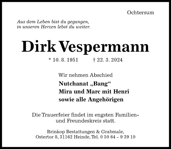 Traueranzeige von Dirk Vespermann von Hildesheimer Allgemeine Zeitung